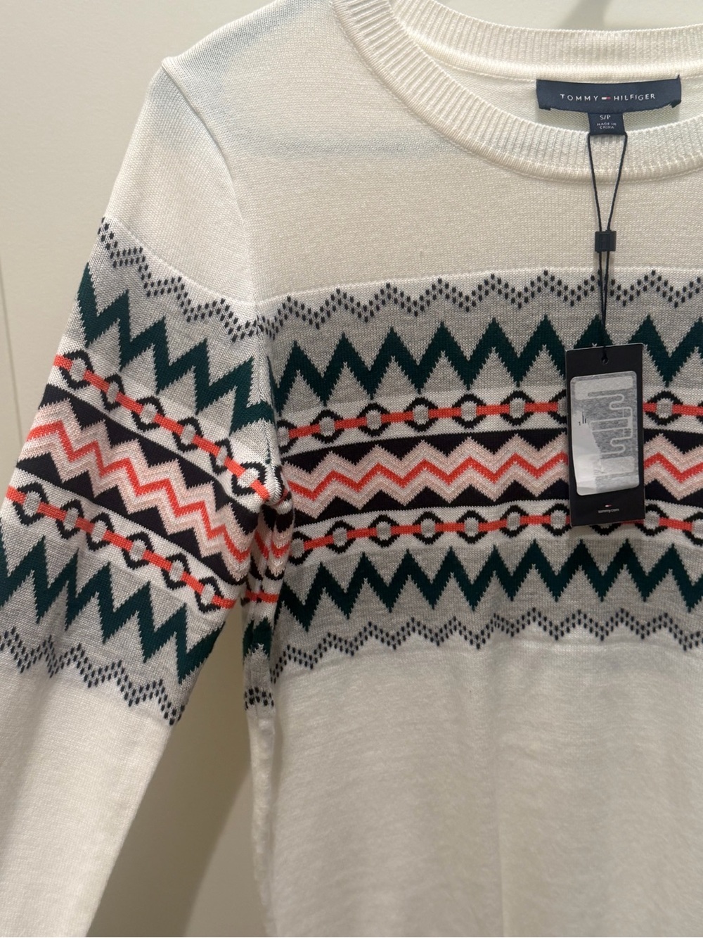 Tommy Hilfiger Cream Fair Isle Crew Sweater with Green & Coral Accents